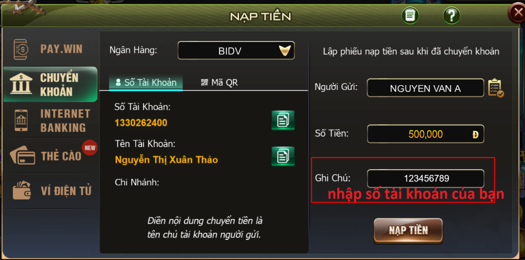 điền thông tin nạp tiền