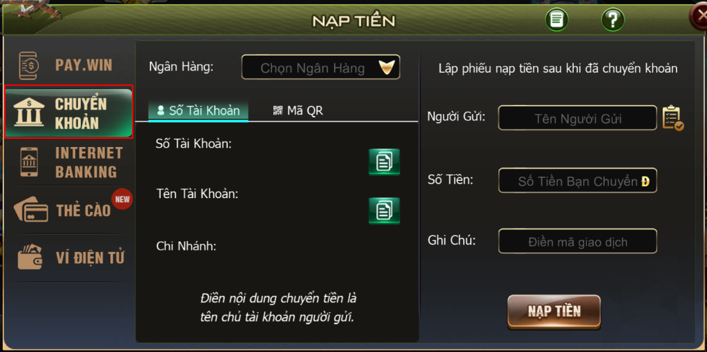 Nạp tiền qua chuyển khoản