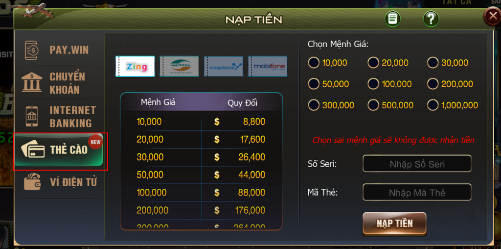 nạp tiền qua thẻ cào